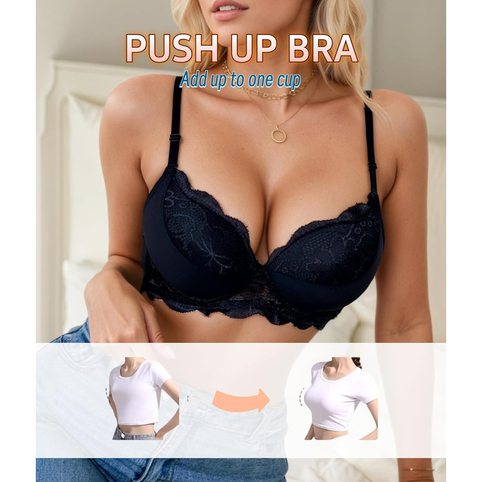 Бюстгальтер жіночий з пуш-ап, мереживний, з глибоким V-подібним вирізом, чорний (85B)