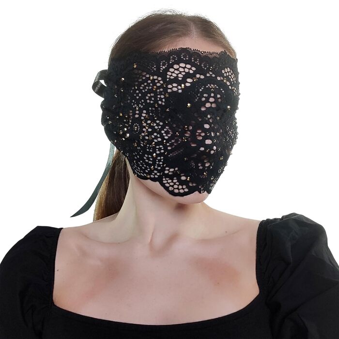 Чорна маска на обличчя з мереживом та стразами для жінок, елегантна венеціанська маска для маскараду, карнавалу, косплею, Хелловіну, Марді Гра, костюмованих вечірок (Чорний (золоті стрази))