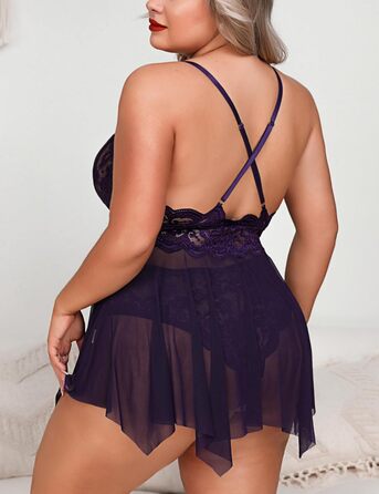 Aranmei: Нічна сорочка боді для жінок великих розмірів, мереживний топ-боді (фіолетовий, L)