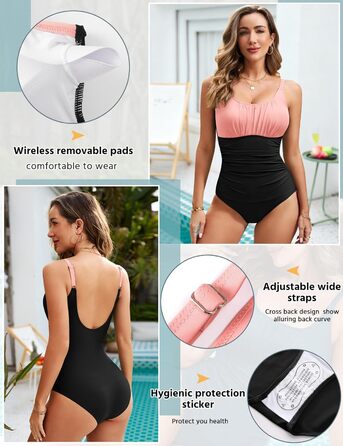 Одноцільний купальник Vancavoo з пуш-ап, корегуючий, з відкритим спиною, рюшами та V-подібним вирізом (M, Рожевий + Чорний)
