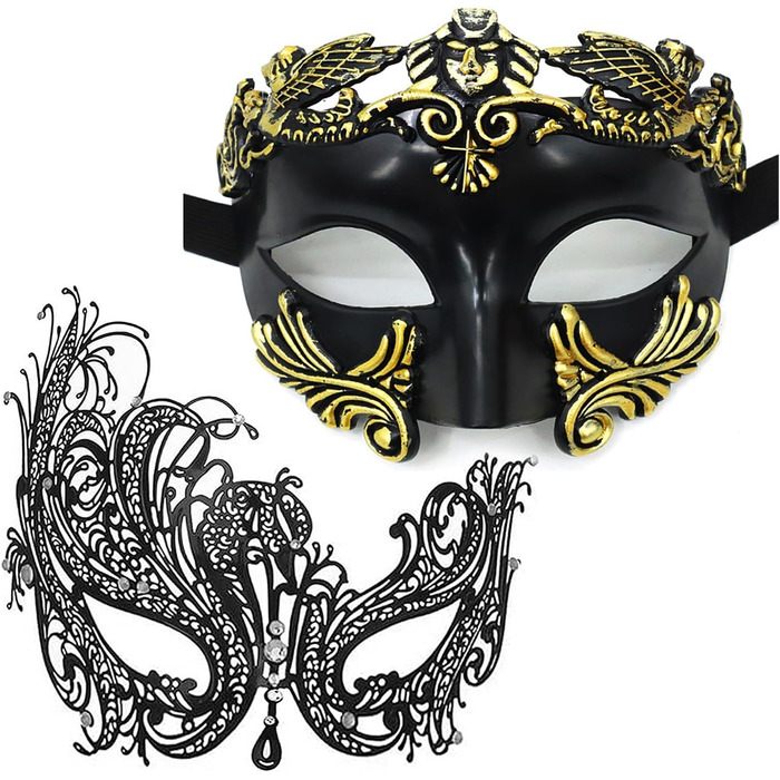 Маскарадні маски для жінок та чоловіків, пара, венеціанська маска, римсько-грецька маска для Хелловіну, костюм, вечірка, бал Black Phoenix Set