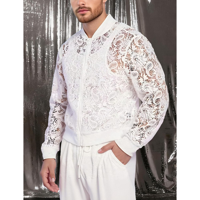 Чоловіча мереживна куртка AIEOE з довгим рукавом, сітка, топ, мереживний блейзер для вечірок, клубів, прозорий топ, мереживний топ для клубу, Fasching, білий