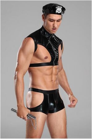Чоловічий сексуальний костюм поліцейського з імітації шкіри, комбінезон Onesie, для косплею та сцени