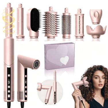 Мультистайлер для волосся 5 в 1 UKLISS Airstyler Pro 1000W: фен, круглі щітки для об'єму, плойка та випрямляч, Рожевий