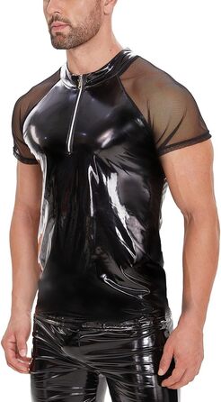 Чоловіча сексуальна футболка з екошкіри, батал, S-5XL, блискуча ПВХ шкіра, прозора сітка, блискучий латексний короткий піджак для чоловіків, чорний, 4XL