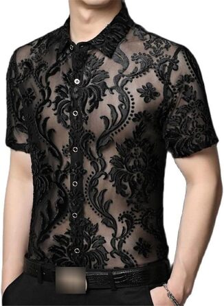 Чоловіча сорочка Yeuyyben з прозорою вставкою, літня, з короткими рукавами, чорна, XL