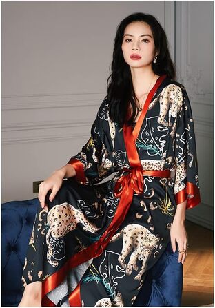 Жіночий халат-кімоно з атласу, максі, довгий, з квітковим принтом, легкий літній халат, жіночий халат для сну, піжама для вечірки, леопардовий принт (універсальний розмір)