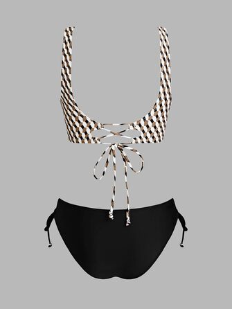 CUPSHE Bikini Set для жінок: плетена оптика, принт бумеранг, низька посадка, шнурівка, двочастинний купальник. Розмір M, чорний/бежевий, геометричний принт.