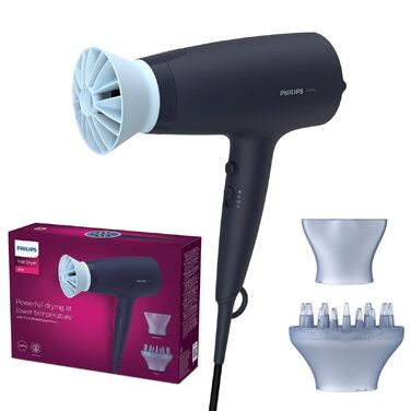 Фен для волосся Philips Series 3000 BHD360/20 з функцією іонізації, ThermoProtect, 2100 Вт, чорний (дифузор для об'єму в комплекті)