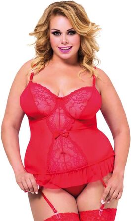 Червоне еротичне корсетне боді з мереживом та тюлем, великі розміри (Plus Size), з стрингами та підтримуючими чашками, з трикотажним гольфом XL