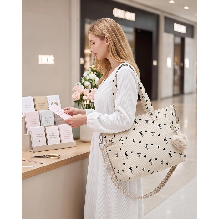 Жіноча сумка-шопер Makukke Cord Tote Bag: велика тканинна сумка через плече з вельвету для роботи, офісу, подорожей та навчання (з бантом)