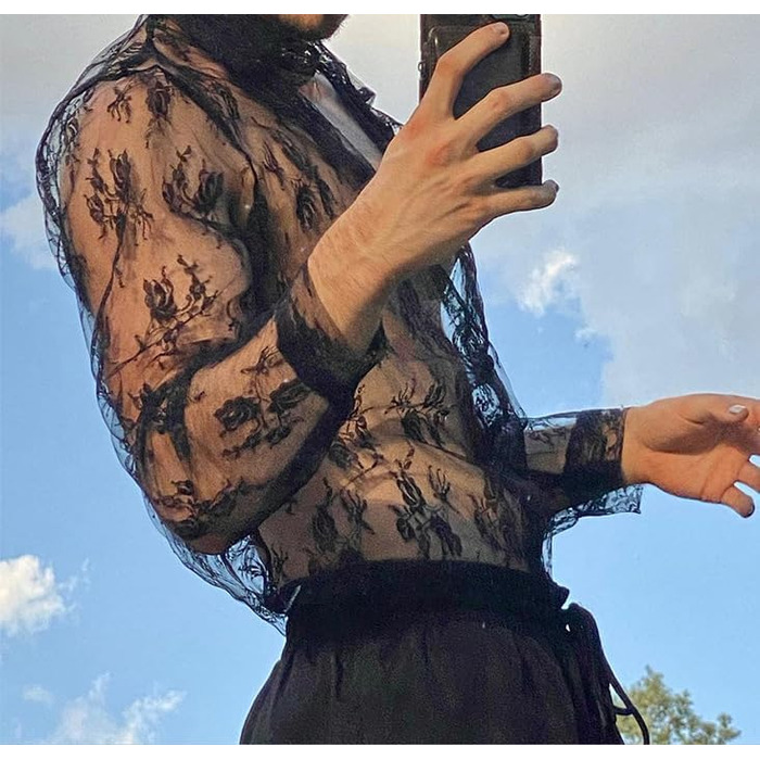 Чоловіча прозора сорочка Detten: мереживна футболка з довгим рукавом, сексуальна клубна сорочка, чорний колір, універсальний розмір (L)