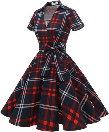 Сукня Rockabilly жіноча V-подібний виріз міді, святкова для весілля, вінтажна коктейльна (S, червоно-біла клітинка)
