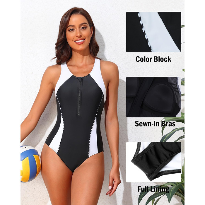 Чармо жіночий купальник для спорту з животом, цілісний з блискавкою спереду, купальник з чашками, чорний/білий, XL
