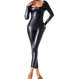 Комбінезон-боді з екошкіри для жінок Ausing. Боді, стрейч, глянцевий, для вечірок, карнавалу, Хелловіну, клубу. Чорний колір.