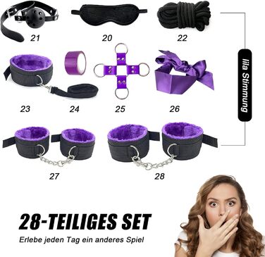 Набір для БДСМ: кайдани, наручники, анальний плагін, кліпси для сосків, плетіння, маска для очей, 28 шт. (фіолетовий)