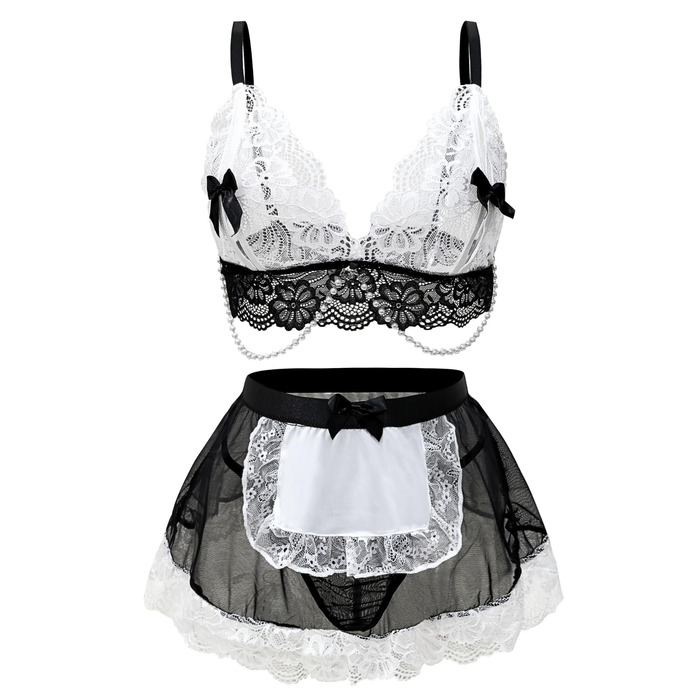 Жіноча спідня білизна з мереживом, сукня-бабочка, костюм, мила сукня, перлове намисто, подарунок на День святого Валентина (Чорний, XL)