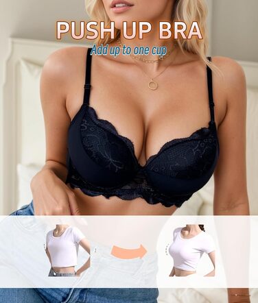 Бюстгальтер жіночий з пуш-ап, мереживний, з глибоким V-подібним вирізом, чорний (85B)