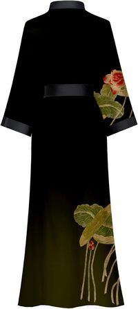 Жіночий халат з довгим рукавом з шовку та атласу, халат-кімоно з квітковим принтом, універсальний розмір (чорний, зелений з квітковим принтом)