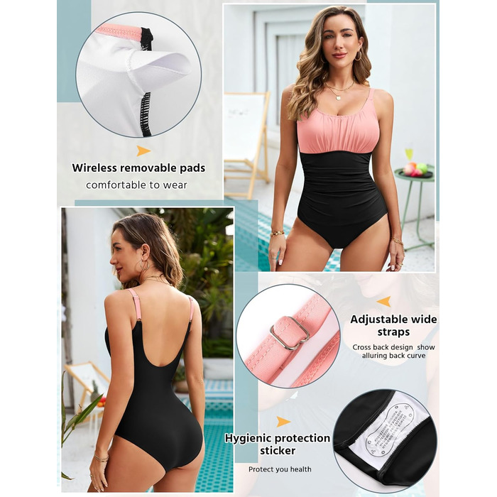 Одноцільний купальник Vancavoo з пуш-ап, корегуючий, з відкритим спиною, рюшами та V-подібним вирізом (M, Рожевий + Чорний)
