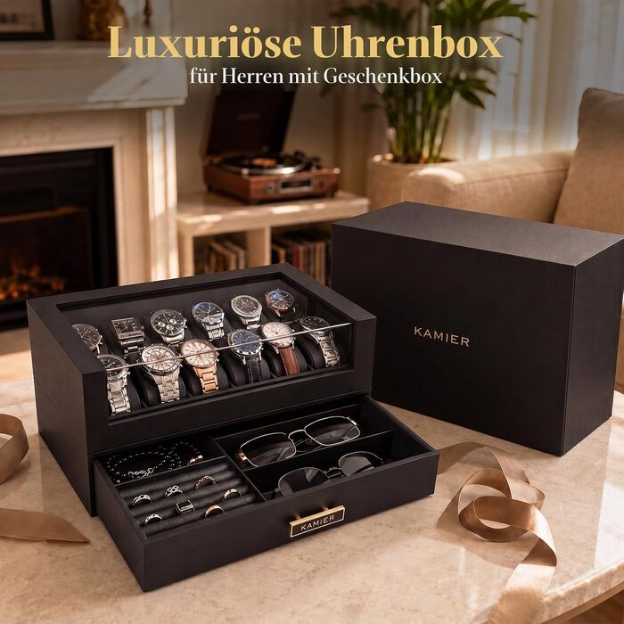 Бокс для годинників KAMIER на 12 слотів, розкішна скринька з натурального дерева з 2 рівнями, висувною шухлядою та скляною кришкою, чорна