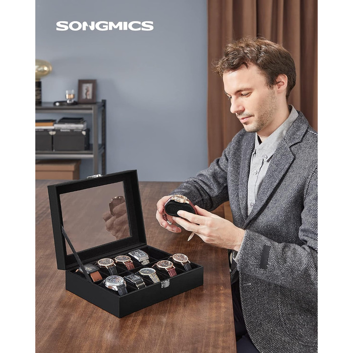 Бокс для годинників SONGMICS на 10 слотів з підкладкою з оксамиту та скляною кришкою, шкіряний органайзер для годинників (PU-шкіра), чорний JWB010BK
