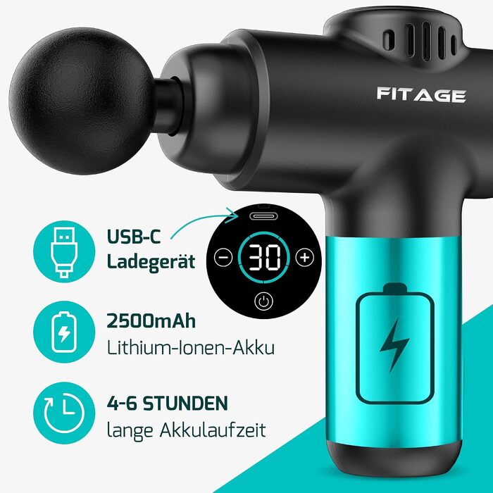 Перкусійний масажер FITAGE Massage Gun — Міні-масажна пістолет з 30 рівнями швидкості, 8 насадками для глибокого масажу м'язів спини, плечей та всього тіла, чорний