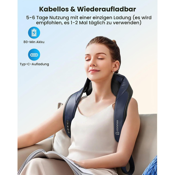 Масажер для шиї та плечей COMFIER 2026 з 4D Shiatsu, бездротовий глибокий масажер з графенним підігрівом для спини, темно-синій