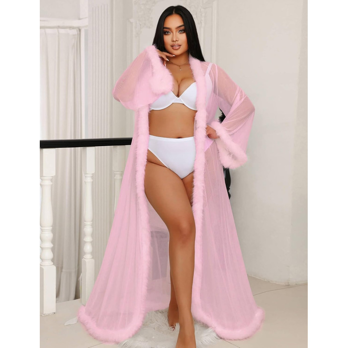 Жіночий халат з пір'ям Ohyeahlady: сексуальний кімоно, довгий, прозорий, мереживний, великі розміри 3XL-4XL, рожевий