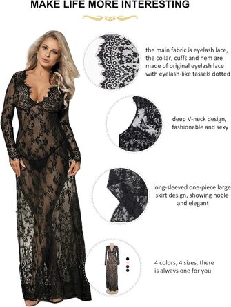Сукня жіноча сексуальна з мереживом, довга, з довгим рукавом, V-подібний виріз, прозора, для вагітних, з G-стрінгом, M-L, чорна