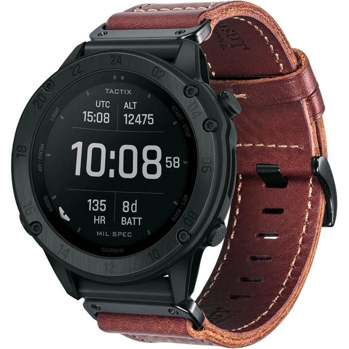 Шкіряний ремінець для годинника Garmin (22мм) — Ретро-вінтажний замінний браслет для Fenix, Forerunner, Vivoactive, Approach, MARQ, Quatix, D2, коричневий з білим швом