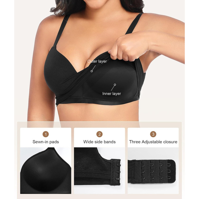 Натільний пуш-ап бюстгальтер для жінок без кісточок, бездротовий, з м'якою підтримкою, двошаровий чашечка, звичайні та великі розміри, V-подібний виріз, міцний бюстгальтер, чорний, S