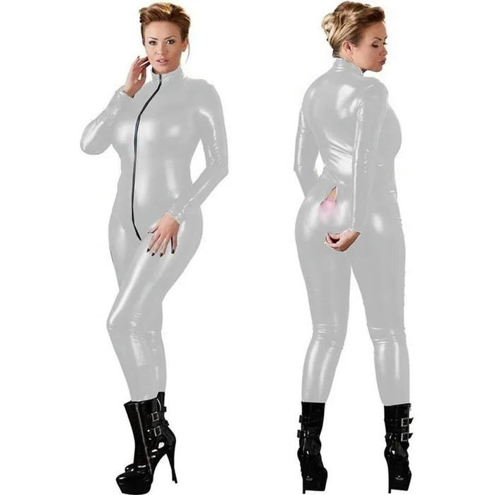 Костюм-боді LIUPENGKUUUNWING з еластичної шкіри, великий розмір, довгі рукави, блискавка спереду, для pole dance та косплею (срібний, XL)