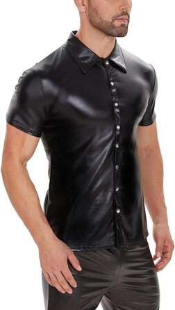 Чоловіча сорочка з лакованої шкіри Xokesy, коротка, чорна, з м'якої шкіри, з ревезом, для клубів, еластична, з кнопками