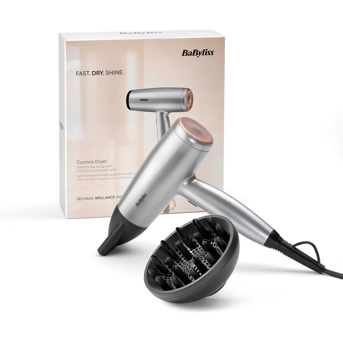 Фен для волосся BaByliss Cosmos D580DE з дифузором, 2100 Вт, іонізація, 3 температурних та 2 режими обдуву, сріблястий (Satined Cosmic Grey)