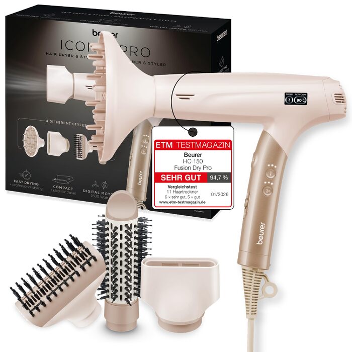 Фен для волосся Beurer HC 150 FusionDry Pro з цифровим двигуном, іонізацією та складаним ручкою, 4 насадки для стайлінгу, компактний дорожній