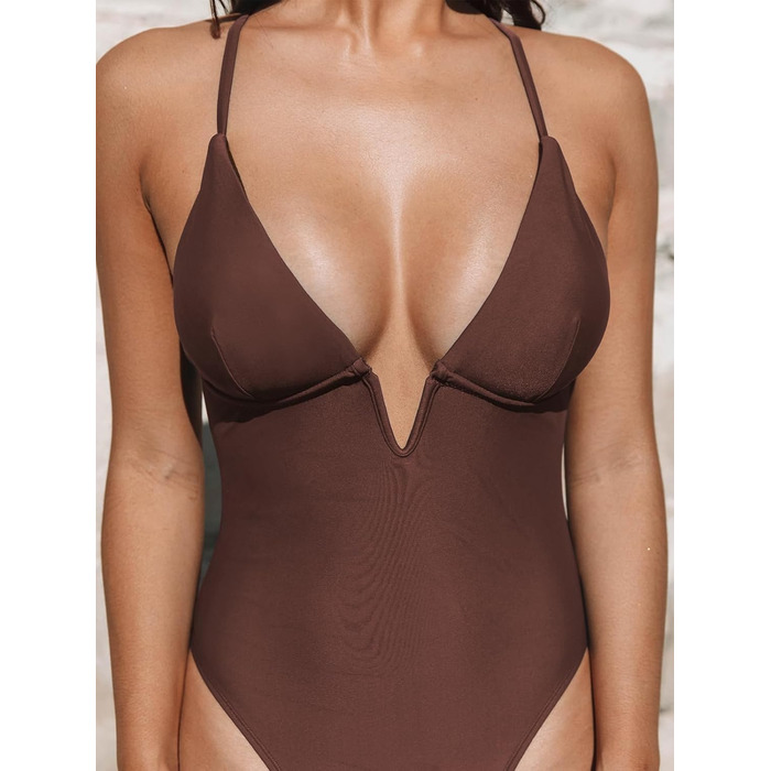 CUPSHE Купальник жіночий з V-подібним вирізом, глибоким вирізом на спині, з перехрещуванням на спині, фігуроформний, цілісний, колір шоколадний (S)