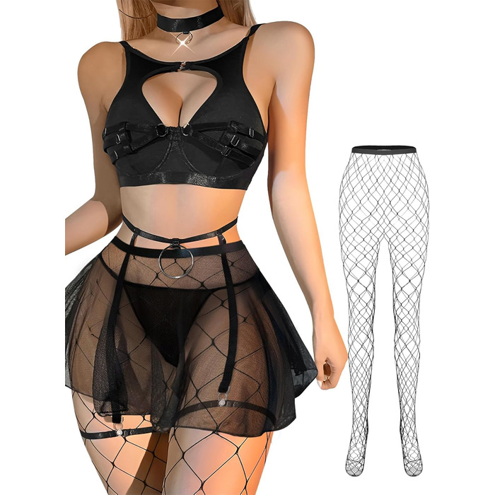 Сексуальний жіночий комплект білизни: колготки, чокер, ремінець, бюстгальтер з підтяжкою, спідниця, чорний