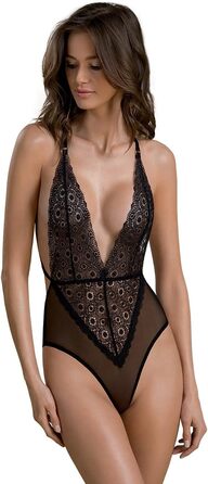 Сексуальний жіночий комплект білизни Selente Love & Fun, Made in EU, з корсетом та сліпом/боді, ексклюзивна маска для очей з атласу (XXL-3XL, боді чорний, прозорий, еко-матеріал)