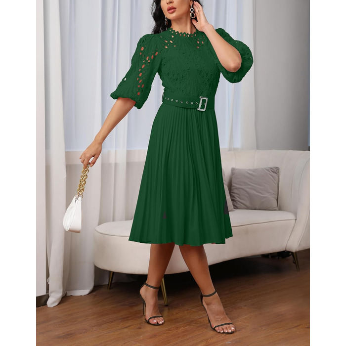 Сукня міді Spitzenkleid: плісе, пишні рукави, довжина міді, зелена (M)