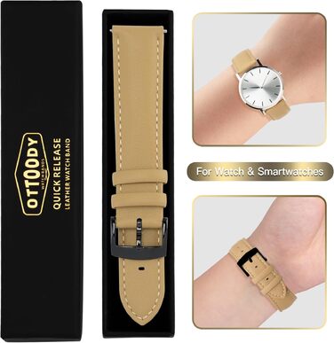 Шкіряний ремінець для годинника та смарт-годинника OTTOODY, 22мм, колір хакі (Trenchcoat Khaki) з чорною пряжкою, заміна ремінця з швидким випуском для чоловіків та жінок