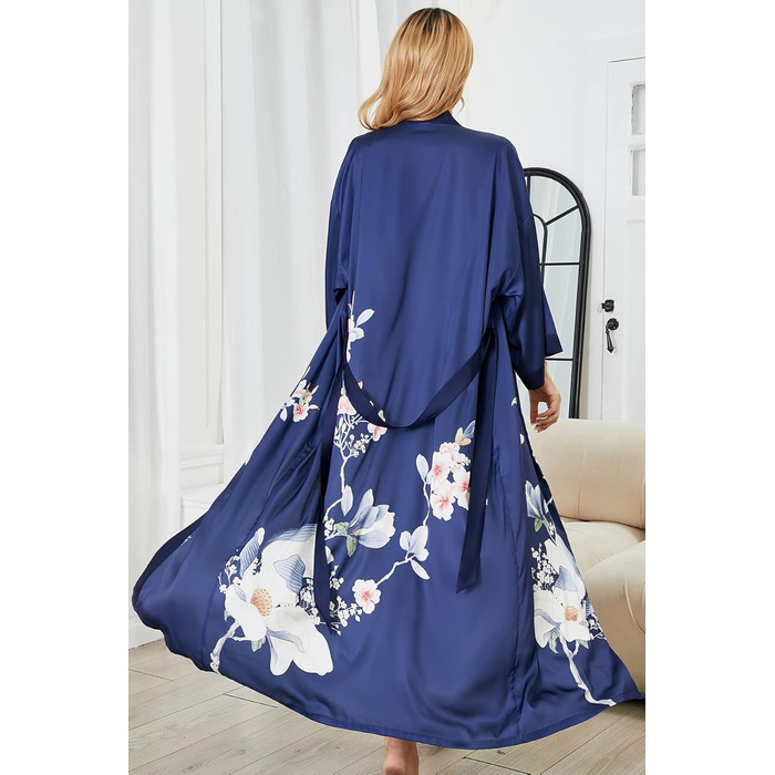 Жіночий шовковий халат-кімоно Moreone з квітковим принтом, довгий, нічна сорочка, атласний халат для нареченої та подружок нареченої (5-marine)