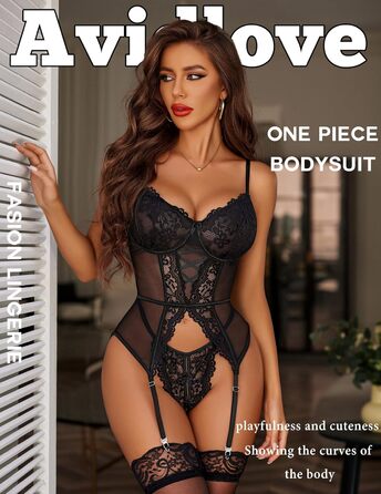 Avidlove Комплект нижньої білизни для жінок: мереживний боді, корсет, babydoll, чорний. Сексуальна спідня білизна, тіло, бюстгальтер та труси.