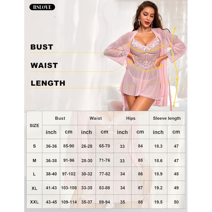 Комплект ніжної піжами RLOVE для дому та сну: кімоно, бюстгальтер та нічна сорочка (3 частини), чорний (XXL, Рожевий)