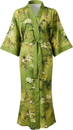 Шовковий халат-кімоно Ledamon для жінок, 100% шовк, класичний квітковий халат, нічна сорочка (один розмір, зелений/жовтий)