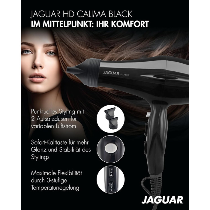 Професійний фен для волосся JAGUAR HD CALIMA Black — потужний стайлер з кнопкою холодного обдуву та регулюванням температури та швидкості, чорний