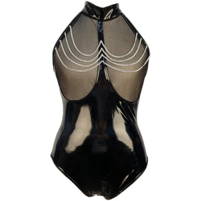 Жіноче шкіряне плаття-комбінезон JasmyGirls: сексуальний латексний боді, облягаючий крій, блискавка, косплей, ролеві ігри (чорний, L-XL)