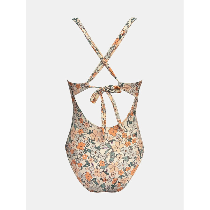 Купальник CUPSHE з V-подібним вирізом, корегуючими складками та глибоким вирізом на спині, суцільний, бежевий з квітковим принтом