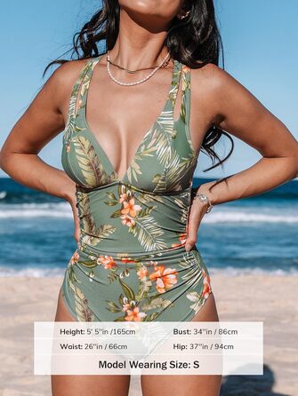 Купальник CUPSHE з V-подібним вирізом, корегуючими складками та глибоким вирізом на спині, одноцільний, оливковий/тропічний, для жінок