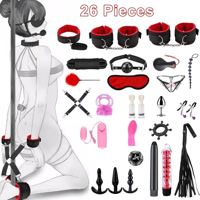 Набір для БДСМ з 26 елементів Qoosea: наручники, феттери, анальні пробки, іграшки для пар. Чорний колір.